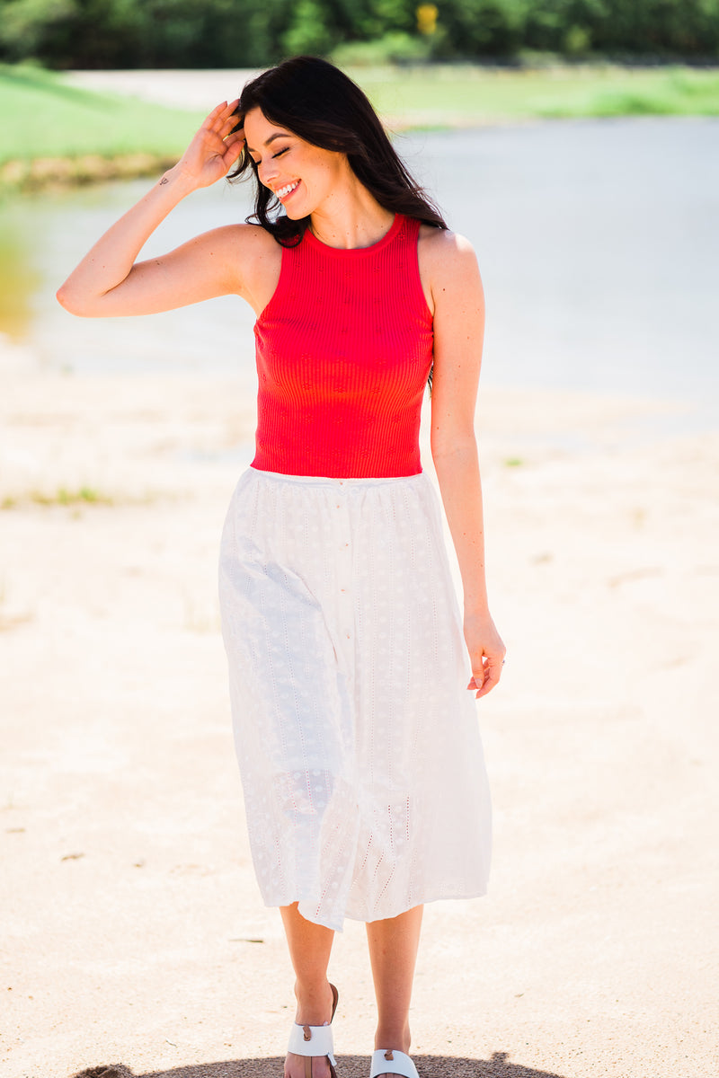 White Eyelet Midi Skirt